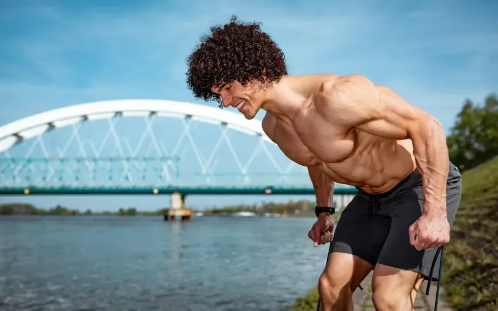 Homme musclé qui s'entraine avec des élastiques de musculation